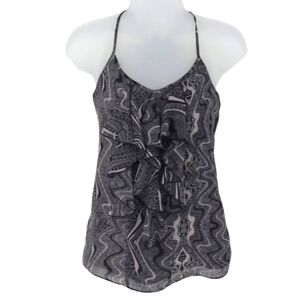 Guess Ruffle Front Open Back  Black Artistic Pattern Tank Top Size XS